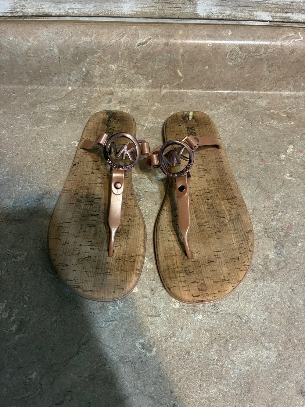 Michael Kors Rose Gold Logo Thong Sandals Jelly and Cork Size 9